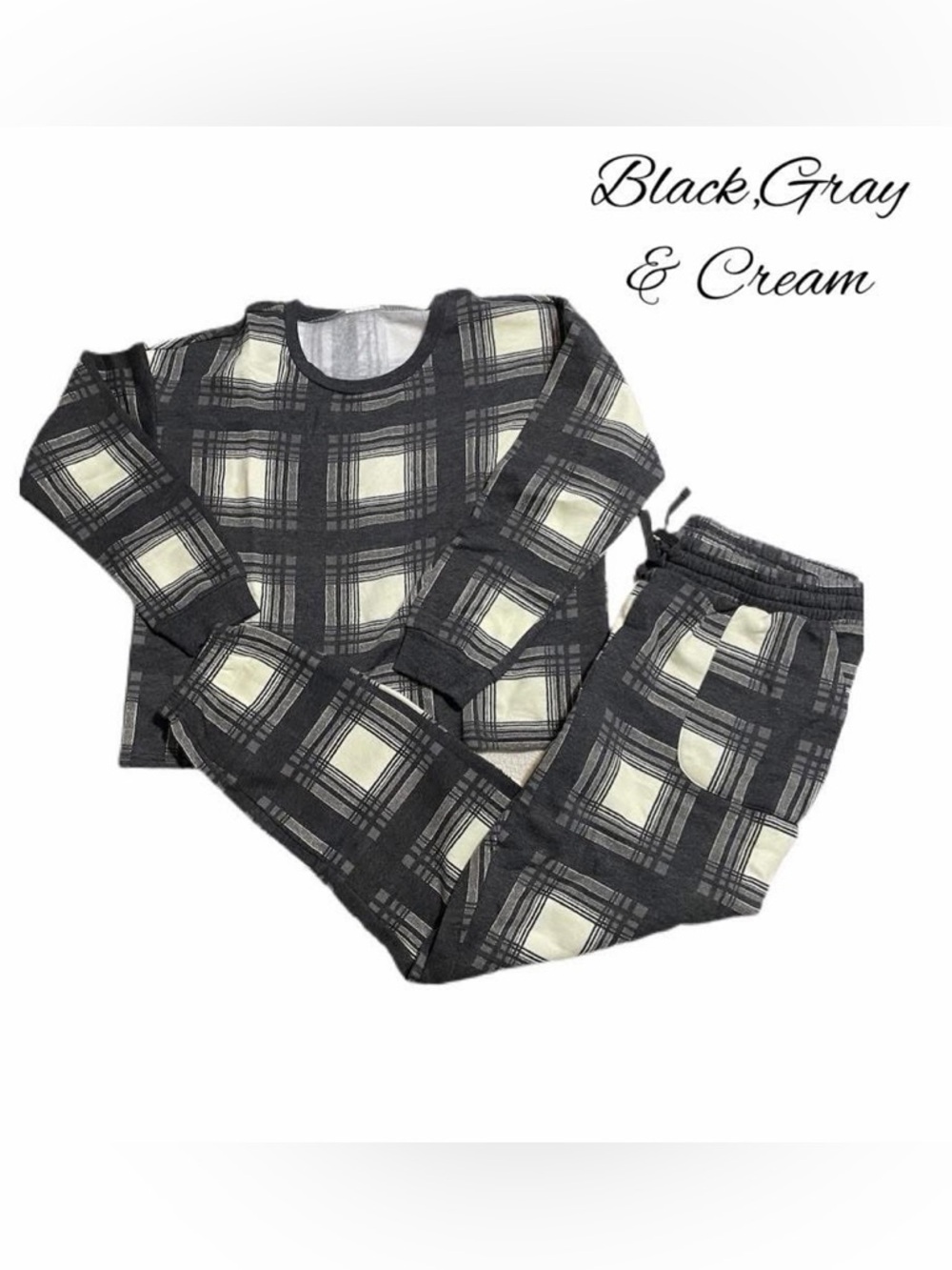 Lulu- Black & Cream Plaid Pajama Set - Cozy Sleepwear